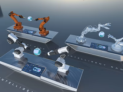 Intelligent Display Shelves Featuring Robotic Arms Globe and Control Panel 3d model