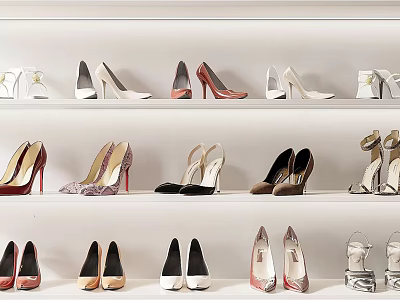 Trendy High Heel Shoes Displayed On Multi Layer Shelves Featuring Various Colors Styles And Designs 3d model