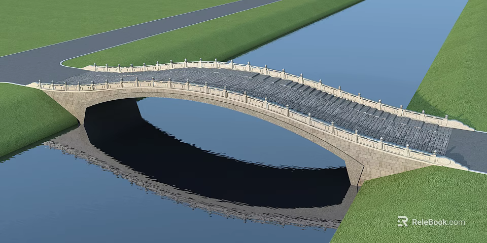 Scenic Stone Arch Bridge Over Water With Reflection And Grass Road Landscape 3d model 