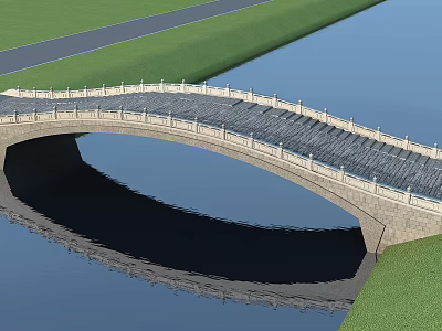 Scenic Stone Arch Bridge Over Water With Reflection And Grass Road Landscape 3d model