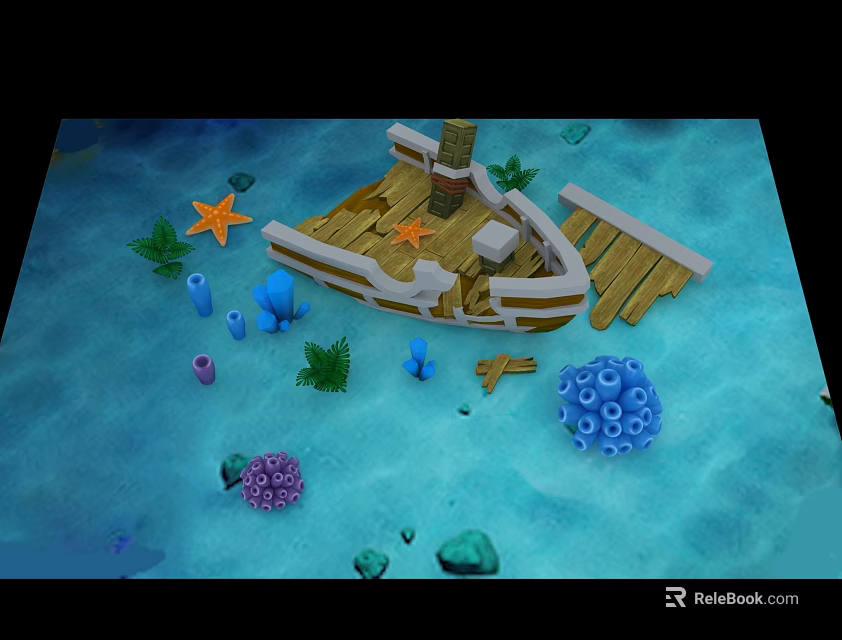 Underwater Scene With Sunken Wooden Ship Starfish Corals And Seaweed 3d model 