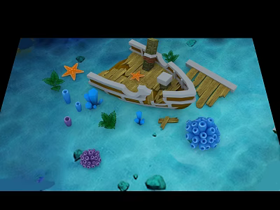 Underwater Scene With Sunken Wooden Ship Starfish Corals And Seaweed 3d model