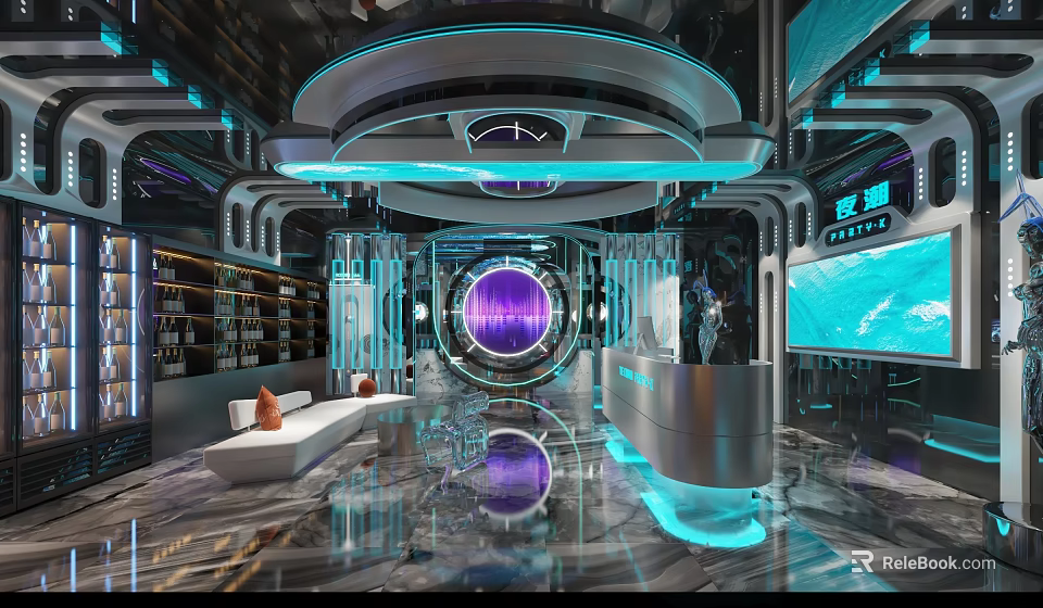Modern Tech Inspired KTV Lounge Interior With Circular Screen Blue Lighting And Sofa Bar Counter 3d model 