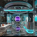 Modern Tech Inspired KTV Lounge Interior With Circular Screen Blue Lighting And Sofa Bar Counter