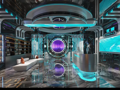 Modern Tech Inspired KTV Lounge Interior With Circular Screen Blue Lighting And Sofa Bar Counter 3d model