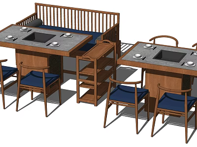 Wooden Dining Table Combination With Chairs Blue Cushions Bench And Storage Shelves 3d model