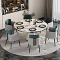 Round Marble Dining Table Set With Green Grey Upholstered Chairs And Modern Interior 3d model