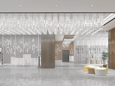 Modern School Lobby Interior With Crystal Chandelier Wall Decorations Marble Floor Seating Area And Plants 3d model