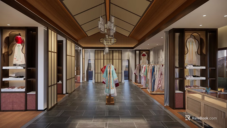 Chinese Style Clothing Store Interior With Traditional Garments Chandeliers And Wooden Screens 3d model 