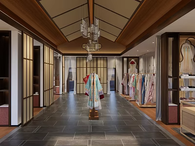 Chinese Style Clothing Store Interior With Traditional Garments Chandeliers And Wooden Screens 3d model