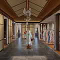 Chinese Style Clothing Store Interior With Traditional Garments Chandeliers And Wooden Screens