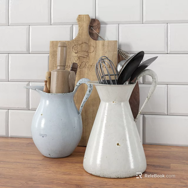 Vintage Kitchen Utensils with Wooden Cutting Board and Pitchers on Wooden Countertop White Brick Background 3d model 