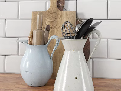 Vintage Kitchen Utensils with Wooden Cutting Board and Pitchers on Wooden Countertop White Brick Background 3d model