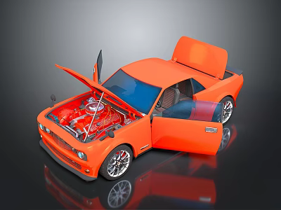 Orange Classic Car With Open Doors Hood And Visible Engine Interior 3d model