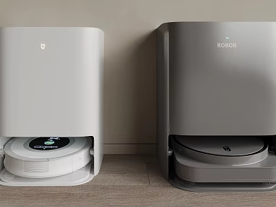 Two Modern Robot Vacuums With Charging Docks In White And Gray 3d model