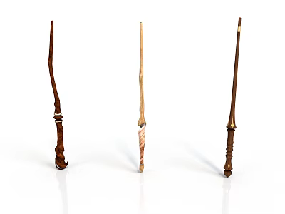 Three Different Designed Wooden Magic Wands With Intricate Handle Carvings And Details 3d model