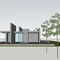 Modern Gray Exterior Single Family House With Large Glass Windows Overhang Lawn And Trees