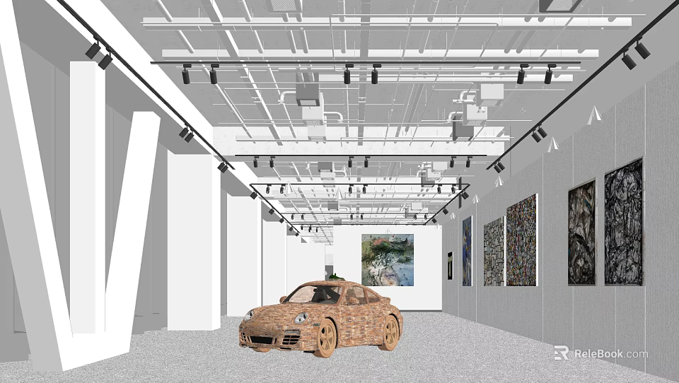 Contemporary Exhibition Hall Interior Design With Displayed Car Wall Paintings And Ceiling Lights 3d model 