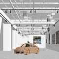 Contemporary Exhibition Hall Interior Design With Displayed Car Wall Paintings And Ceiling Lights