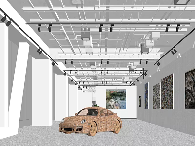Contemporary Exhibition Hall Interior Design With Displayed Car Wall Paintings And Ceiling Lights 3d model