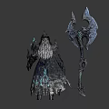 Man In Dark Robe With Blue Accents Horned Helmet Holding Large Weapon From Different Angles