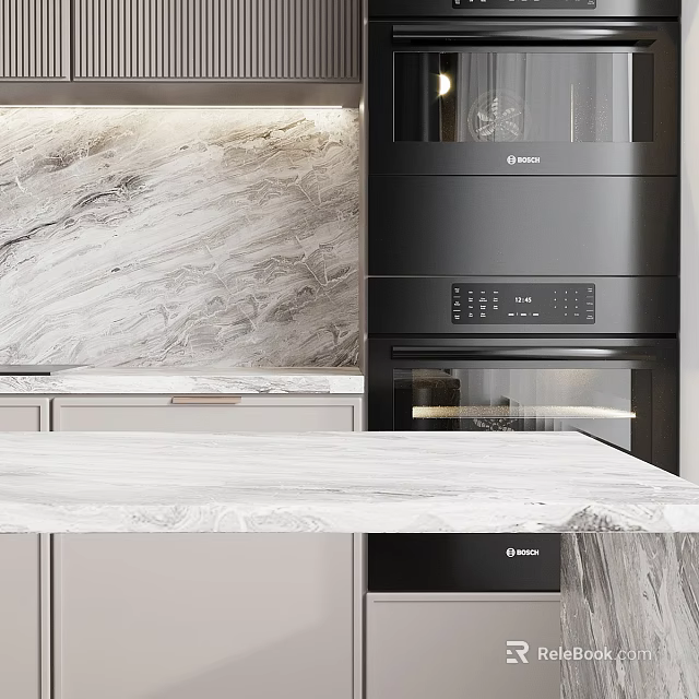 Modern Kitchen Interior Design With Marble Countertop Backsplash And Built-in Appliances 3d model