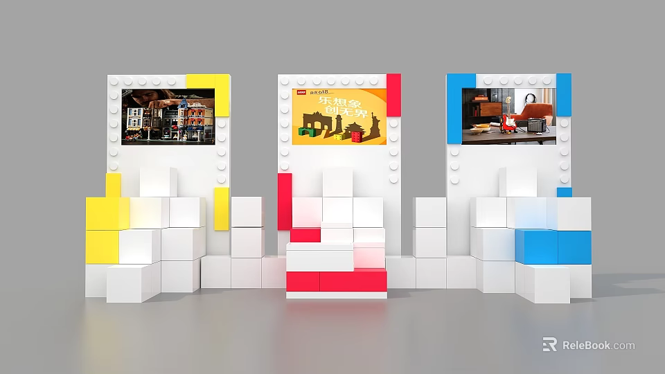 Colorful LEGO Block Display Stands Featuring Screens Showcasing Scenes And Bricks 3d model