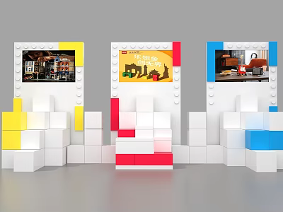 Colorful LEGO Block Display Stands Featuring Screens Showcasing Scenes And Bricks 3d model
