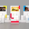 Colorful LEGO Block Display Stands Featuring Screens Showcasing Scenes And Bricks 3d model