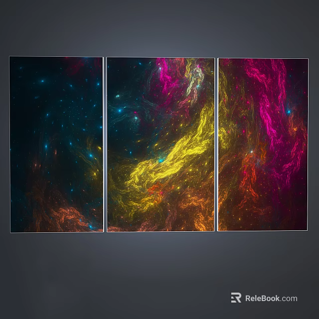 Abstract Colorful Triptych Canvas Art With Vibrant Pink Yellow Blue Swirls and Textures 3d model 