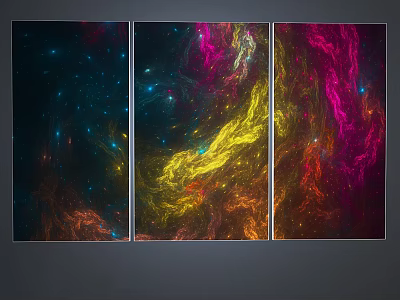 Abstract Colorful Triptych Canvas Art With Vibrant Pink Yellow Blue Swirls and Textures 3d model