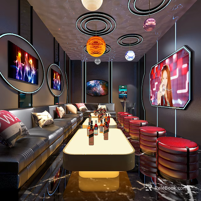 Modern KTV Interior With Leather Sofa Center Tables Red Stools Colorful Lighting And Screens 3d model 