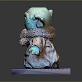 Cute Green Alien Creature With Big Eyes Fur Collar Coat On Blue Base 3D Rendering