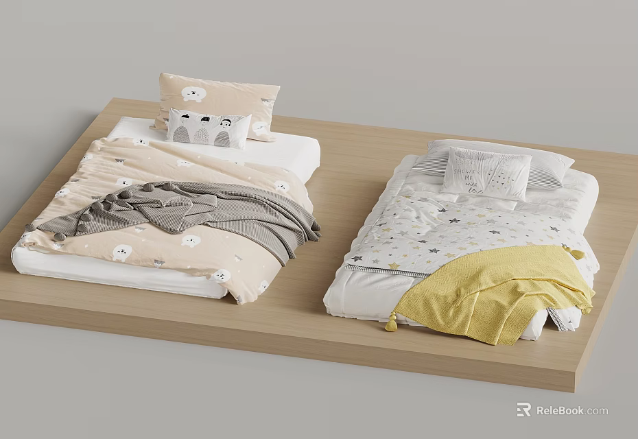 Kids Bedding With Pastel Colors Animal Prints And Twin Beds Setup 3d model 