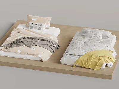 Kids Bedding With Pastel Colors Animal Prints And Twin Beds Setup 3d model