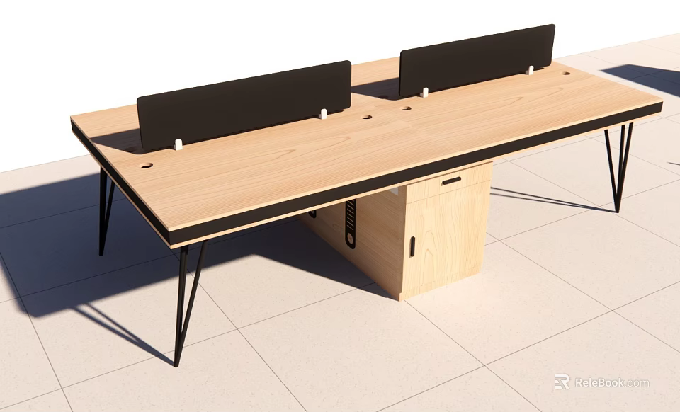 Modern Office Desk With Wooden Top Black Dividers And Matching Storage Cabinet 3d model 