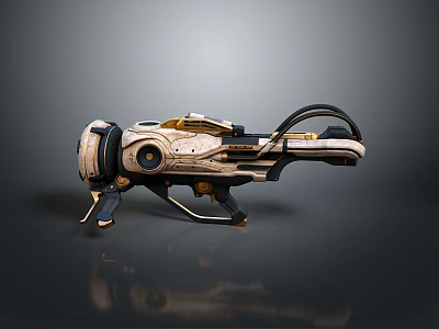 Futuristic Sci Fi Weapon With Gold And White Intricate Mechanical Structure And Grip Design 3d model
