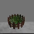 Green Grass Plants In Round Brown Wooden Fence Planter On Gray Floor With White Wall