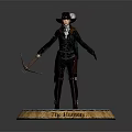 The Harpers Game Movie Character In Leather Outfit With Hat Holding Scythe Weapon On Base