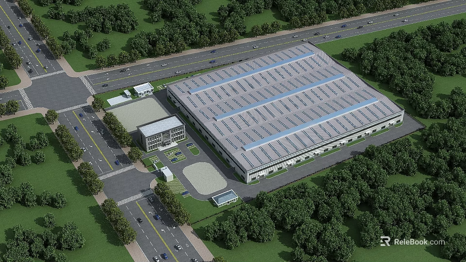 Large Industrial Factory Building With Flat Roof Surrounded by Greenery Roads and Entrance Area 3d model 