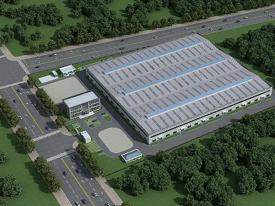 Large Industrial Factory Building With Flat Roof Surrounded by Greenery Roads and Entrance Area 3d model