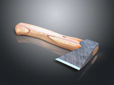 Wooden Handled Axe With Textured Metal Blade And Ergonomic Grip 3d model
