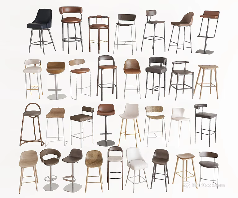 Various Bar Stools In Modern Classic Styles With Wooden Metal Frames And Colors 3d model 