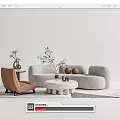Modern Curved Sofa and Round Coffee Table Set With Brown Armchair And Potted Plant