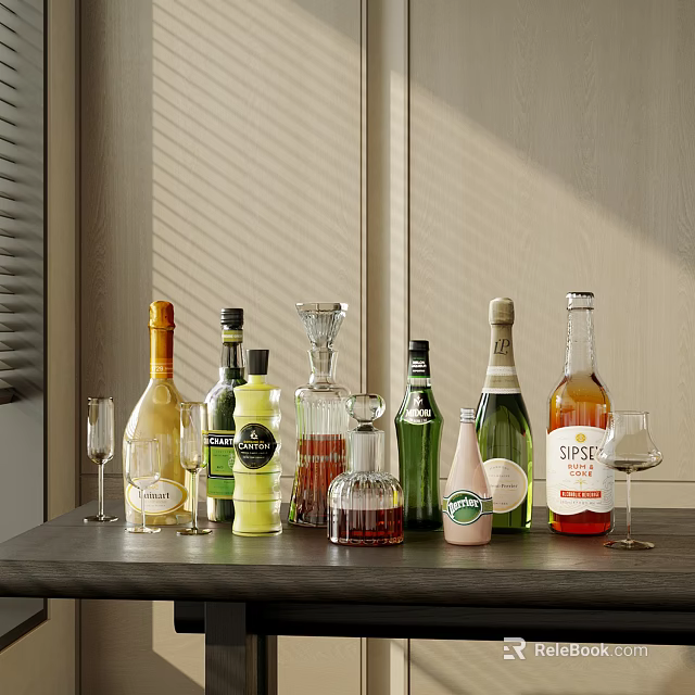 Assorted Wine Bottles and Glasses Arranged on Wooden Table with Natural Light 3d model 