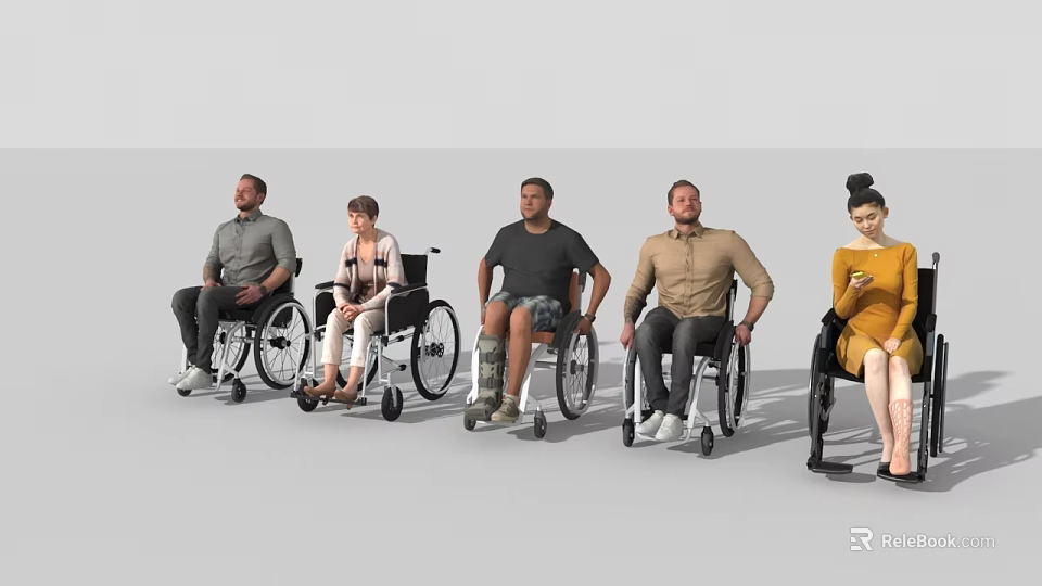 Group of Diverse People in Wheelchairs Sitting Calmly in Neutral Environment 3d model 
