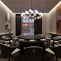 Elegant Private Dining Room Interior With Round Table Chandelier And Decorative Painting