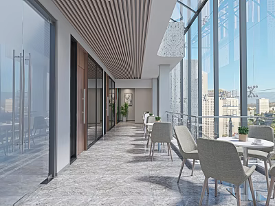 Modern Office Corridor Interior Design With Marble Floor Glass Walls Wooden Ceiling And Natural Light 3d model