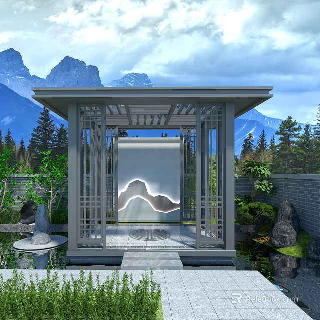 Traditional Chinese Garden Pavilion With Mountain View Stone Sculpture And Water Pond 3d model 