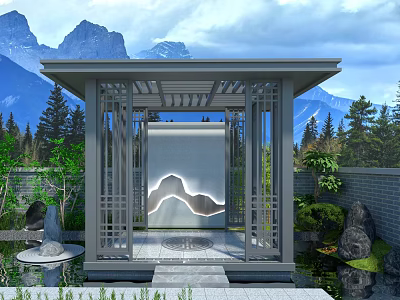 Traditional Chinese Garden Pavilion With Mountain View Stone Sculpture And Water Pond 3d model
